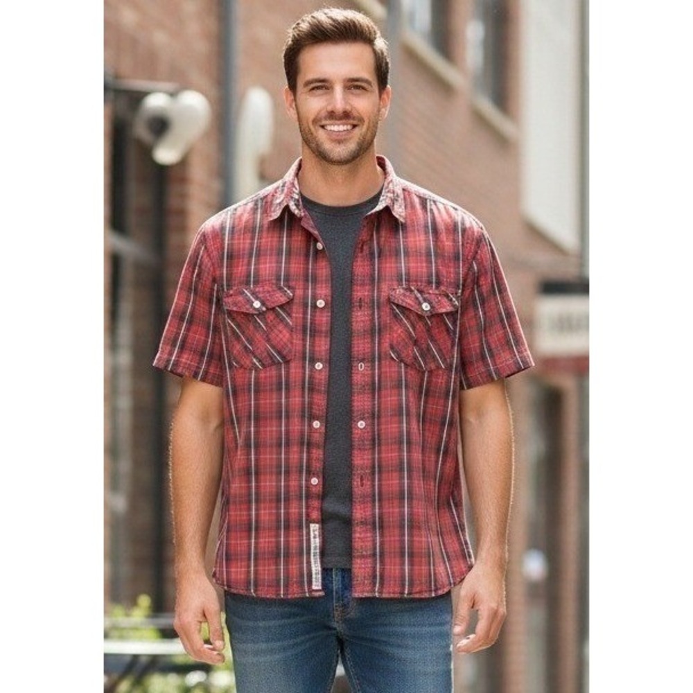Nautica Jeans Co Button Down Shirt Men's Size L Red Plaid Short Sleeve Preppy